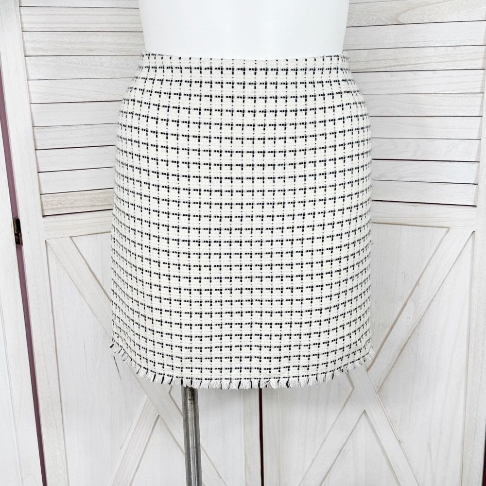 New York & Company Check Fringe Hem Tweed Pencil Skirt White Black 12
